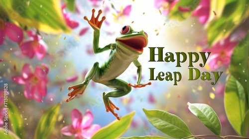 Leap day 29 February 2024 illustration. Leap year, one extra day illustration with Green Frog, and text Happy Leap Day. photo