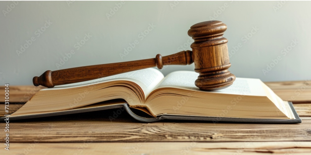 A wooden gavel sitting on top of an open book. Ideal for legal and educational concepts A wooden gavel sitting on top of an open book. Ideal for legal and educational concepts