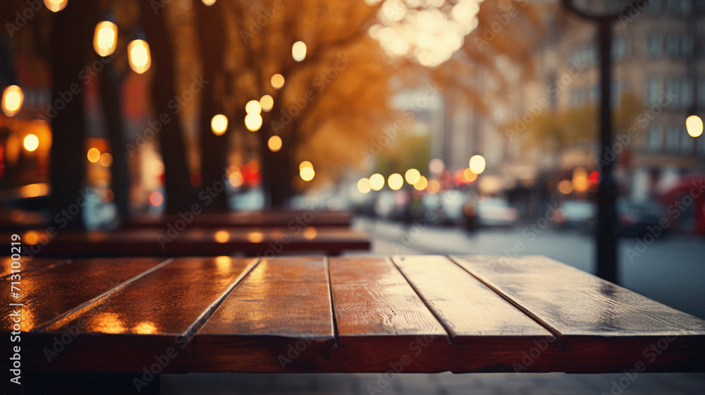 Wooden cafe table bokeh background, empty wood desk restaurant tabletop counter in bar or coffee shop surface product display mockup with blurry city lights backdrop presentation. Mock up, copy space. Wooden cafe table bokeh background, empty wood desk restaurant tabletop counter in bar or coffee shop surface product display mockup with blurry city lights backdrop presentation. Mock up, copy space.