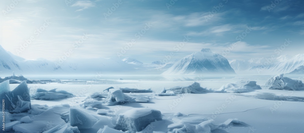 Expansive Arctic Icefield Under Ethereal Light with Majestic Snow-Capped Mountains and Ice Formations in Pristine Wilderness
