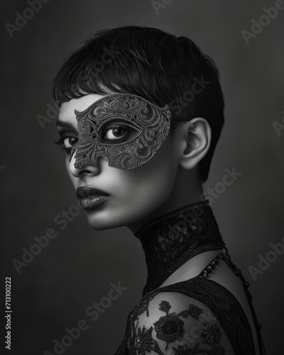 AI generated illustration of a monochrome portrait of a model donning a lace mask on her head