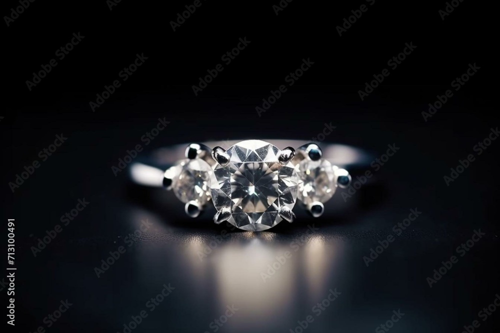 Close-up diamond ring of white gold, symbolizing love for engagement, wedding, anniversary, or Valentine's Day. Luxurious gem. Special gift. Generative AI