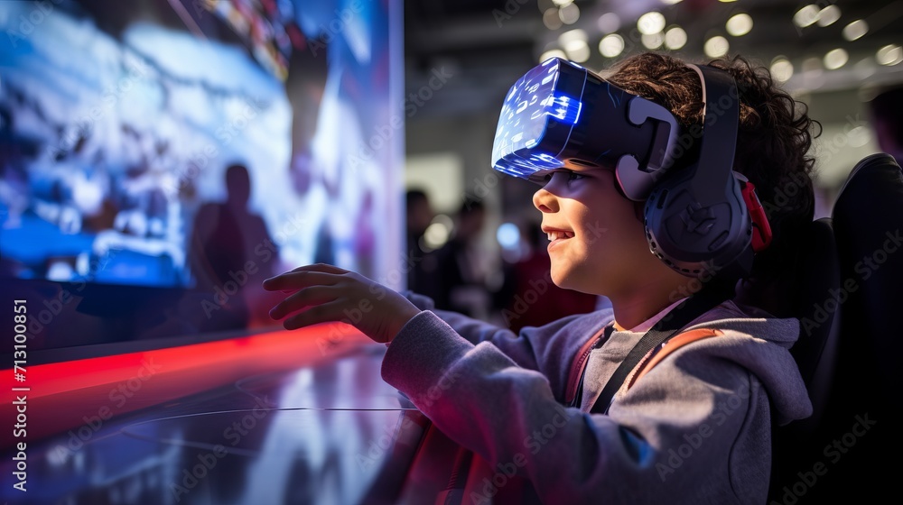 Child in VR gear at a modern esports booth, learning while playing. Kids wear headsets and explore virtual worlds, learning as they play. Child in VR gear at a modern esports booth, learning while playing. Kids wear headsets and explore virtual worlds, learning as they play.