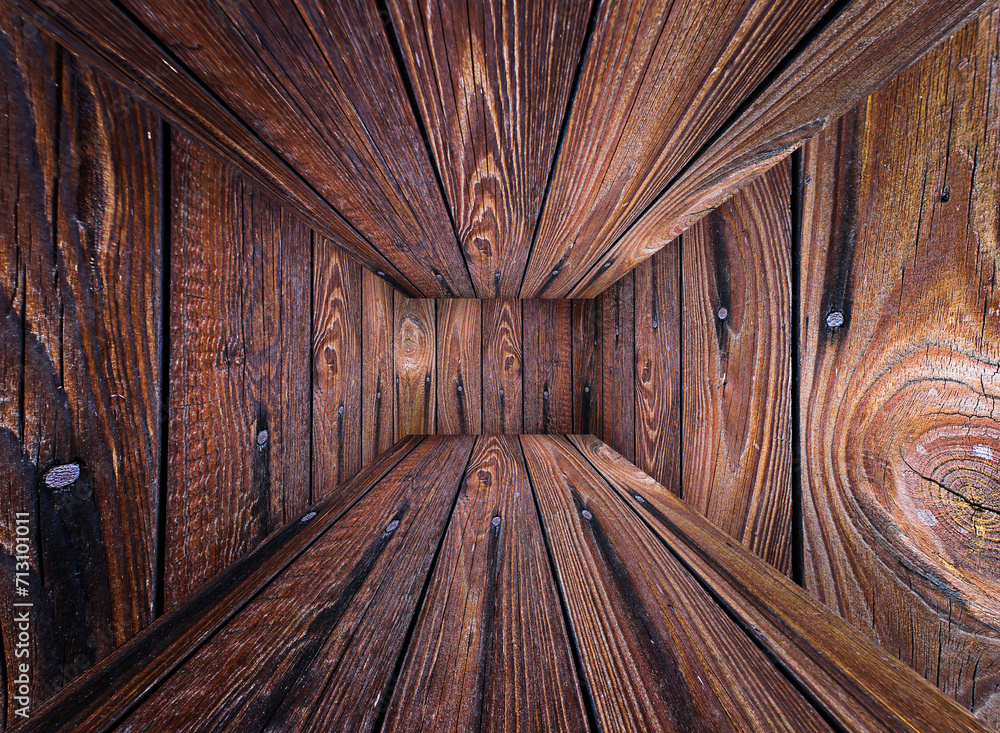 Obraz premium Korytarz z brązowych desek, cyfrowa iluzja perspektywy, głębia - tło