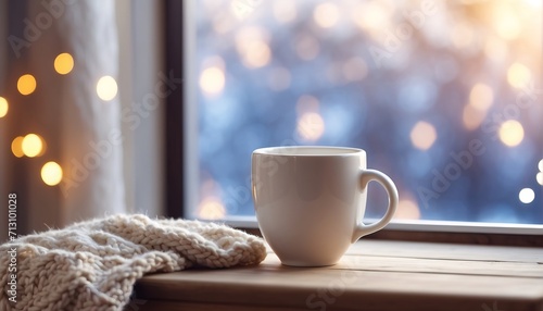 Cup of tea or coffee mug and knitted blanket near window. decoration with soft focus light and bokeh background