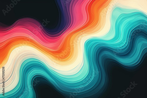 Vibrant rainbow, orange blue teal white psychedelic grainy gradient color flow wave on black background, music cover dance party poster design. Retro Colors from the 1970s 1980s, 7