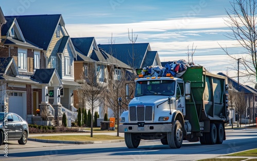 A garbage truck is seen driving down a street lined with houses, collecting waste