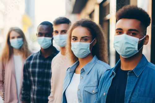 Group people students in medical mask Danger of infection of the virus coronavirus .