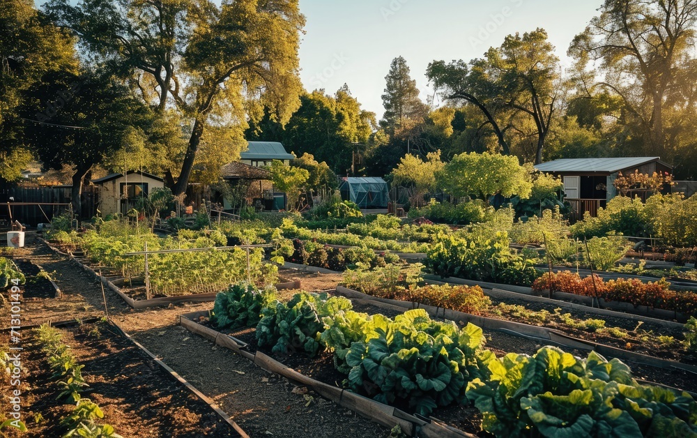 A community garden with diverse crops, showcasing sustainable agriculture