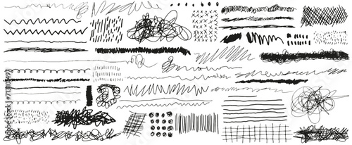 Tangle thin curved black lines, squiggles with simple texture doodle patterns. Vector hand drawn pen lines, marks, various childish style shapes. Pen and pencil scribbles. Scrawls and mess strokes set
