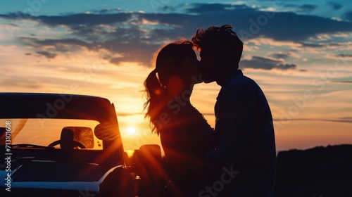 Silhouette kissing men and women at sunset stay near the car. A couple in love travels by car at sunset.
