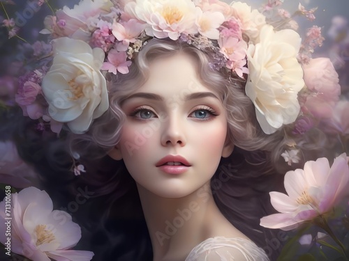 Una mujer con un peinado floral romántico y etéreo, su rostro rodeado por un halo de delicadas flores photo