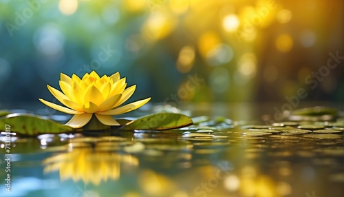Yellow water lily reflected in water decoration with soft focus light and bokeh background photo