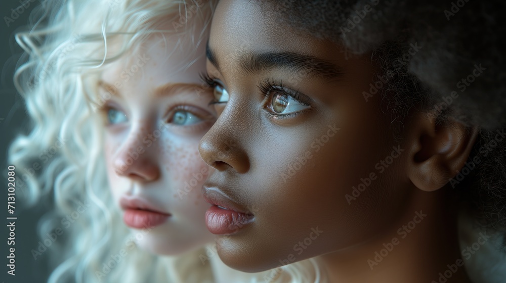 Friendship without borders. Very beautiful white and black little girls next to each other. Poster about equality, friendship between children of different races. Friendship without borders. Very beautiful white and black little girls next to each other. Poster about equality, friendship between children of different races.