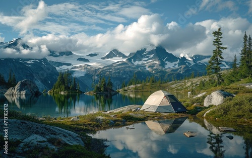 Alpine Lakeside Campsite: A tent pitched by a tranquil alpine lake, offering a picturesque spot for relaxation amid the mountainous landscape