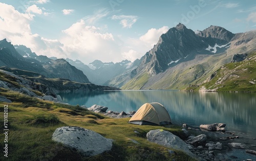 Alpine Lakeside Campsite: A tent pitched by a tranquil alpine lake, offering a picturesque spot for relaxation amid the mountainous landscape