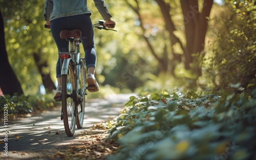 A lone biker enjoys a peaceful ride along a narrow, sunlit trail surrounded by lush greenery