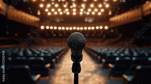 A microphone on a stand in front of a stage