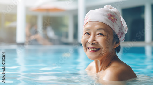 Elderly asian lady enjoying the hot pool or spa with copy space © cobaltstock