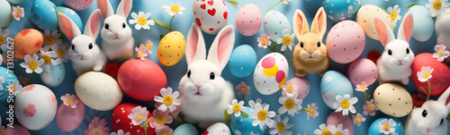 Funny bunnies sitting on the blue background with colourful eggs around. Easter concept. photo