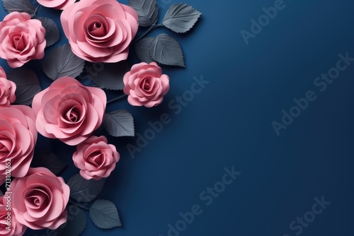 Creative layout made of pink roses on blue background. Flat lay  top view