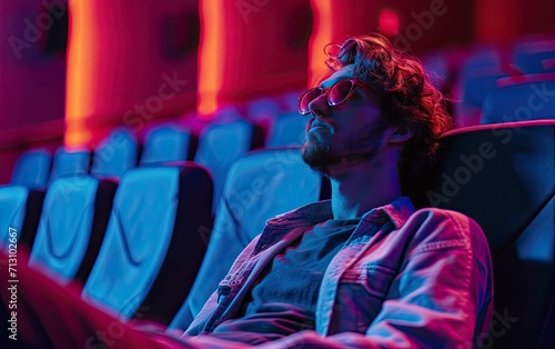 A man is seated in a chair inside a movie theater