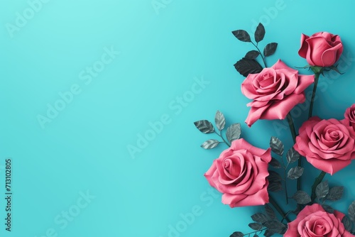 Pink roses on blue background. Flat lay  top view