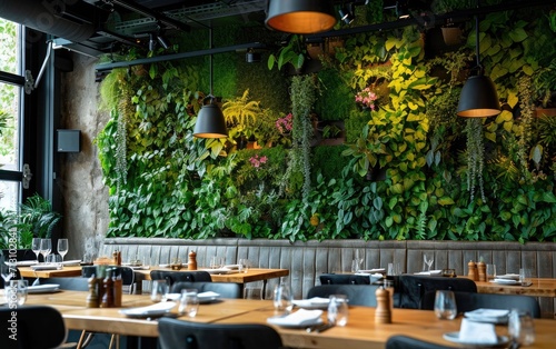 Botanical Restaurant Ambiance: A green wall in a restaurant, enhancing the dining ambiance with natural elements photo