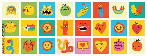 70's groovy square posters, cards or stickers. Retro print with hippie cute colorful funky character concepts of crazy geometric, dripping emoticon. Only good vibes sentence