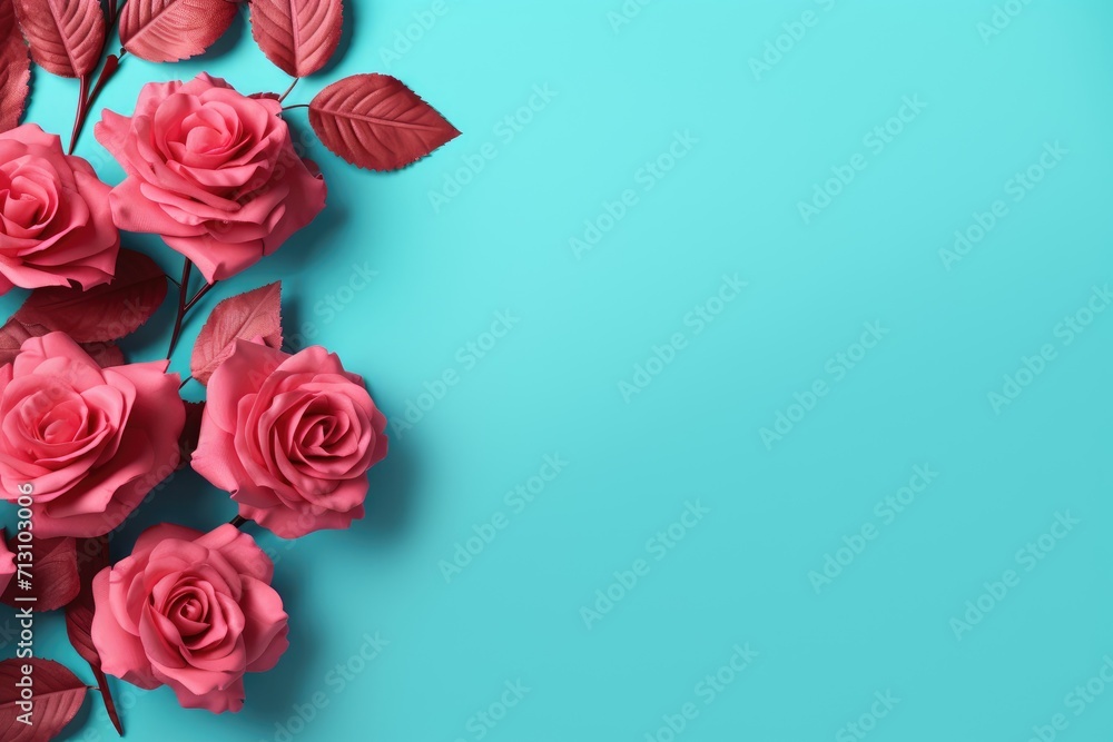 Pink roses on blue background. Flat lay, top view Pink roses on blue background. Flat lay, top view
