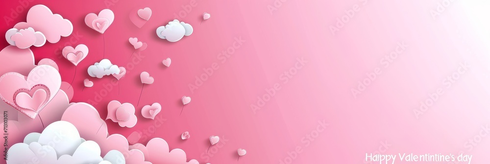 Horizontal banner with pink sky and paper cut clouds. Place for text. Happy Valentine's day sale header or voucher template with hearts 