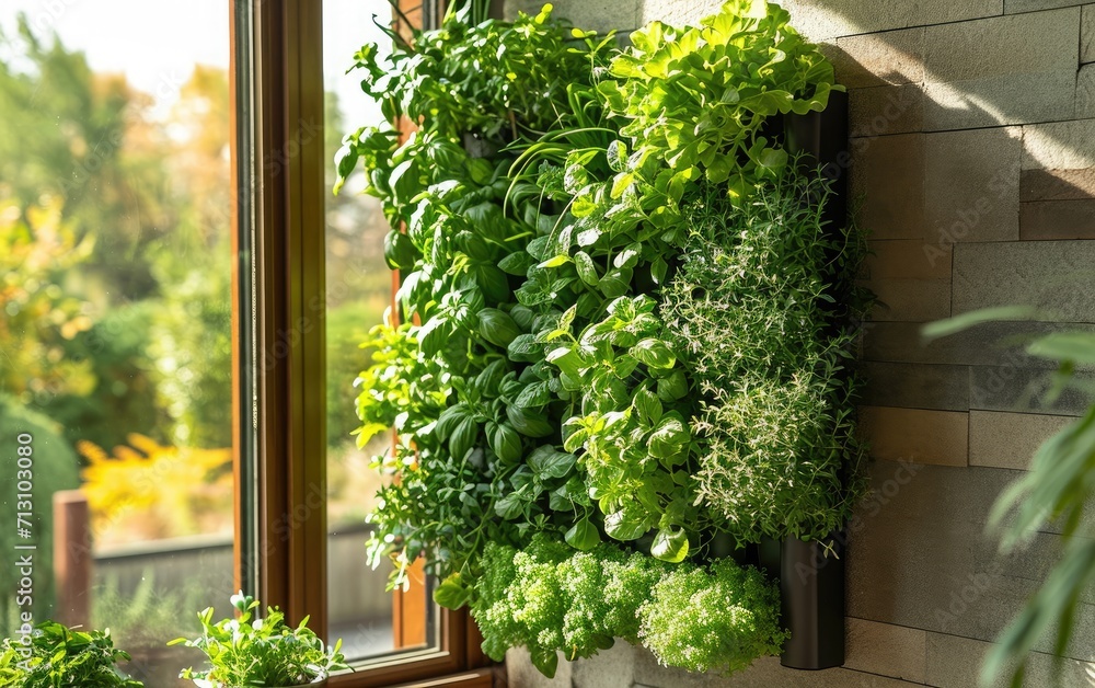 Fototapeta premium Compact Indoor Herb Wall: An image portraying a vertical cultivation system for herbs indoors, enabling year-round herb harvesting