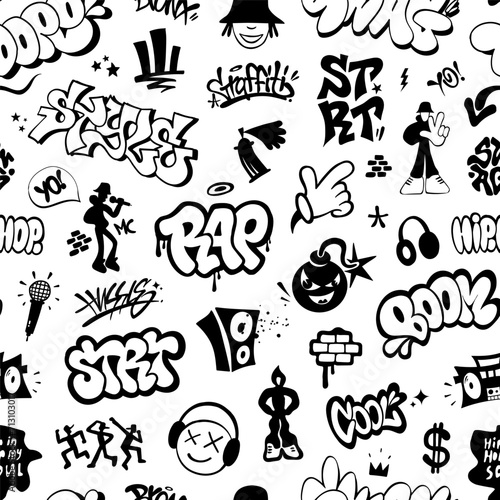  Rap music graffiti hip hop style - seamless pattern   vector design element