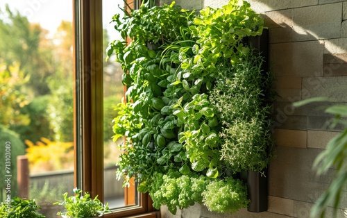 Compact Indoor Herb Wall: An image portraying a vertical cultivation system for herbs indoors, enabling year-round herb harvesting