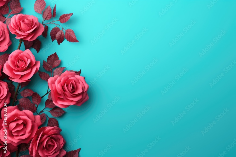 Pink roses on blue background. Flat lay, top view Pink roses on blue background. Flat lay, top view