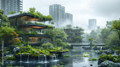 Serene Urban Oasis With Lush Greenery and Water in Early Morning Mist