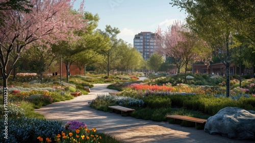 A serene park pathway lined with blooming cherry trees and colorful shrubs, with urban buildings in the background.