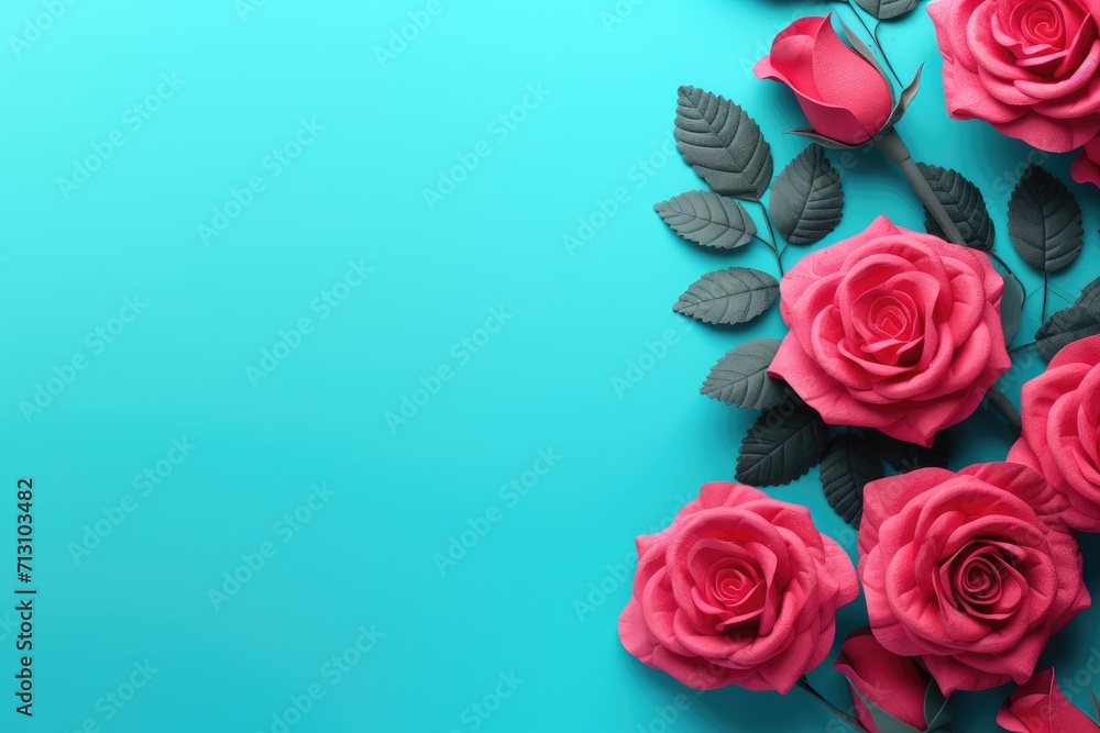 Pink roses on blue background. Flat lay, top view Pink roses on blue background. Flat lay, top view