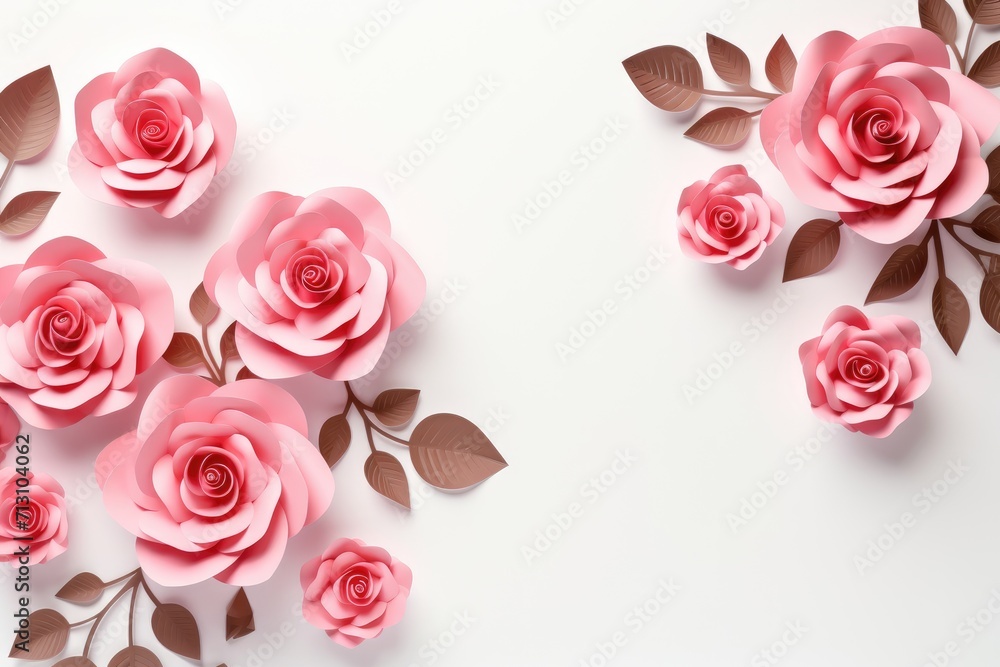 Flowers composition. Frame made of pink roses on white background. Flat lay, top view, copy space