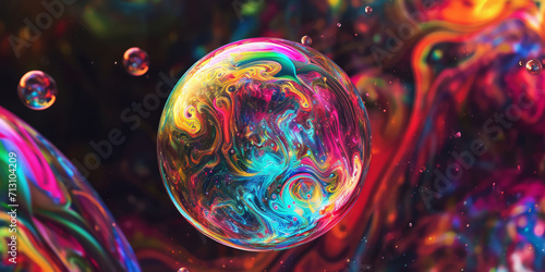 Soap bubbles burst with kaleidoscopic colors against a dark backdrop, creating a striking abstract effect.