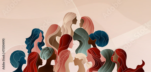 Group silhouette of multicultural women. International women's day. Diversity - inclusion - equality or empowerment concept. Anti racism and stop discrimination. Banner copy space