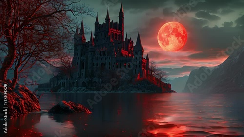 The moons crimson hue reflects off the stagnant moat below, giving the castle an unnerving crimson glow. Fantasy animatio photo