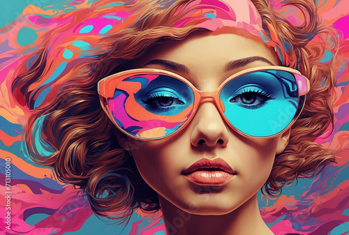 Futuristic style bright colorful woman in sunglasses. AI generated