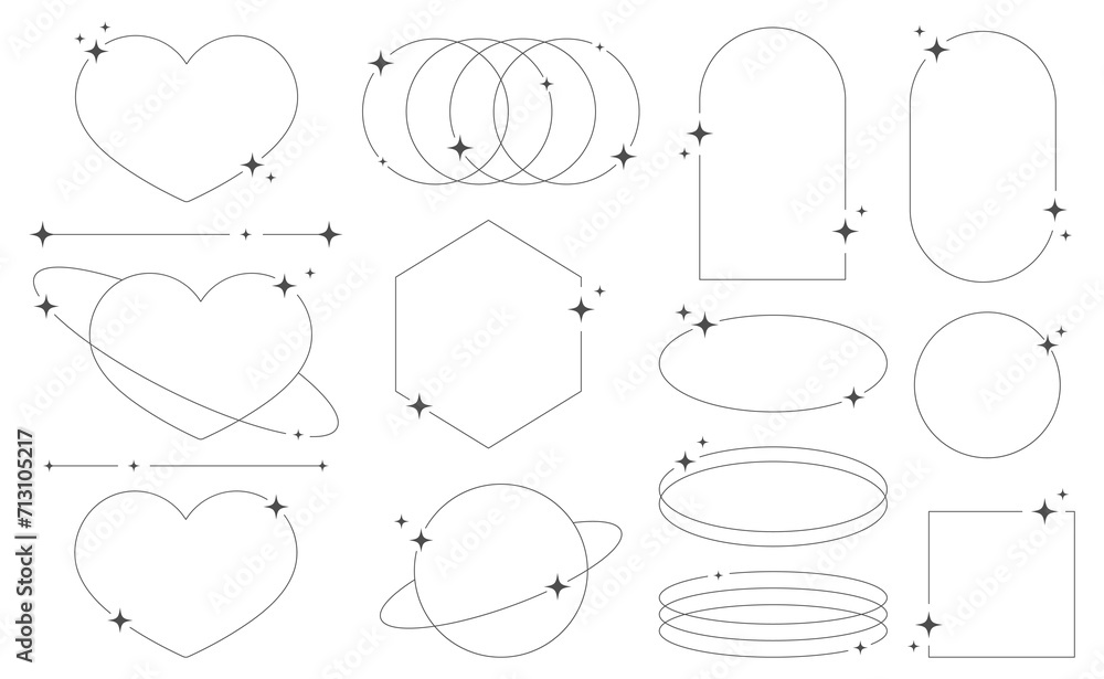 Fototapeta premium Set of geometric aesthetic abstract line frames and shapes with stars boho, brutalism, Y2K style. Geometric elements with sparkles for template design social media, poster, banner, logo, stickers