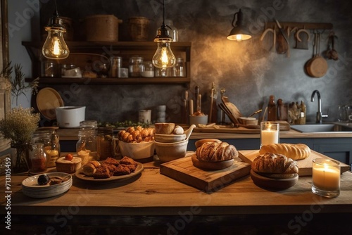 Warm kitchen ambiance featuring a rustic scene with wholesome food and drinks. Generative AI