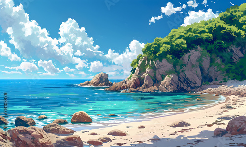 Seascape with beautiful beach on an island. Summer holidays illustration.
