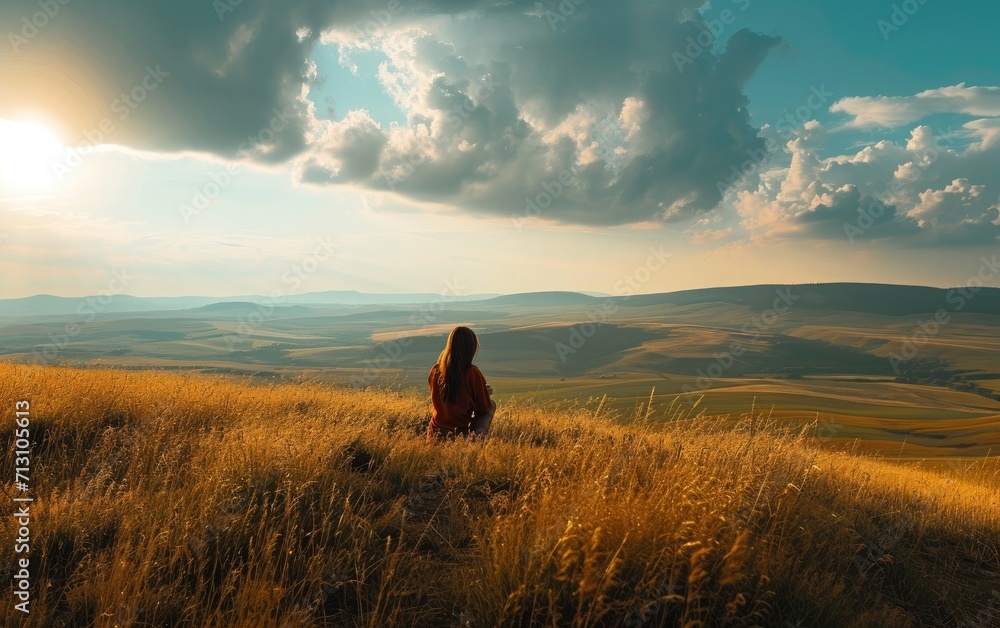 Hillside Solitude: A woman finding solace on a hillside, surrounded by open landscapes and basking in the sheer joy of being present in the untouched beauty of nature - obrazy, fototapety, plakaty 