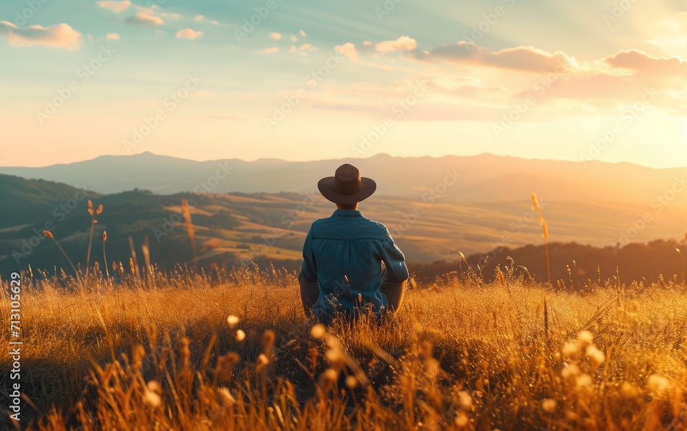 Fototapeta premium Hillside Solitude: A man finding solace on a hillside, surrounded by open landscapes and basking in the sheer joy of being present in the untouched beauty of nature