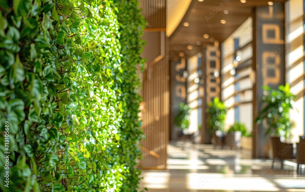 Hotel Lobby Foliage: A green wall in a hotel lobby, creating an inviting and luxurious atmosphere for guests. 