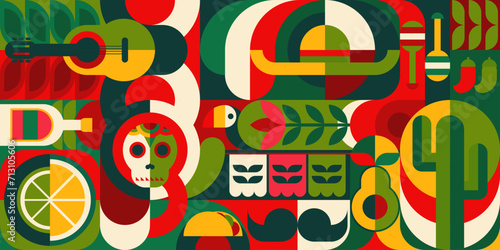 Geometric pattern with mexican motif. Vector background with simple geometric shapes, skull, cactus, tequila and sombrero. Jalapeno pepper, mustaches, tacos or guitar with maracas modern art ornament